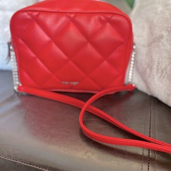 Nine West Handbags - NINE WEST RED “PEETRA CAMERA BAG” QUILTED VEGAN CROSSBODY RED/SILVER CHAIN STRAP